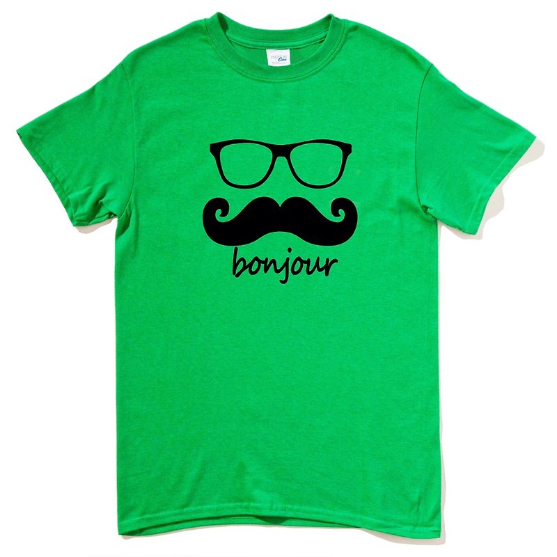 bonjour 男女短袖T恤 绿色 法国 胡子 胡须 复古 眼镜 文青 原创  - 男装上衣/T 恤 - 棉．麻 绿色