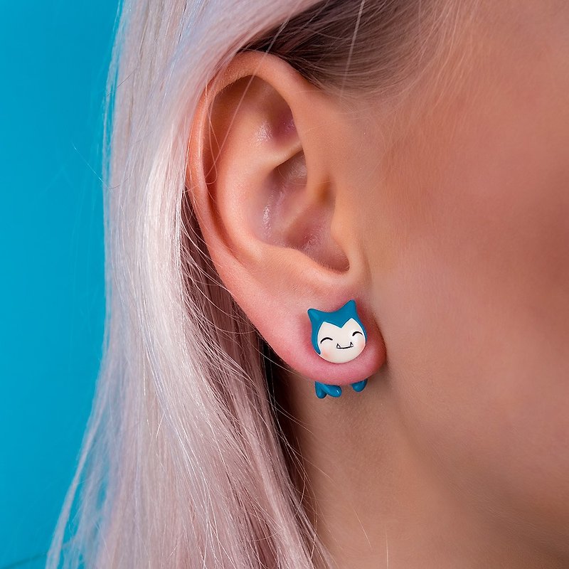 Blue Cat Earrings - Kawaii Cat Earrings Polymer Clay - 耳环/耳夹 - 粘土 蓝色