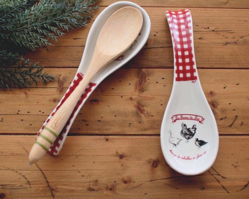 法国进口设计efya格纹乡村公鸡汤勺架 汤匙 - 餐刀/叉/匙组合 - 陶 