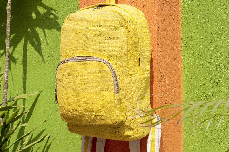 棉麻拼接设计后背包/肩背包/民族登山包/拼布包/电脑包-黄色柠檬 - 后背包/双肩包 - 棉．麻 黄色