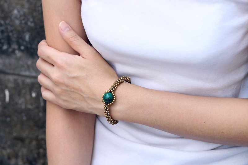 Chrysocolla土星手链黄铜编织眼睛异国编织编织袖口手镯 - 手链/手环 - 石头 绿色