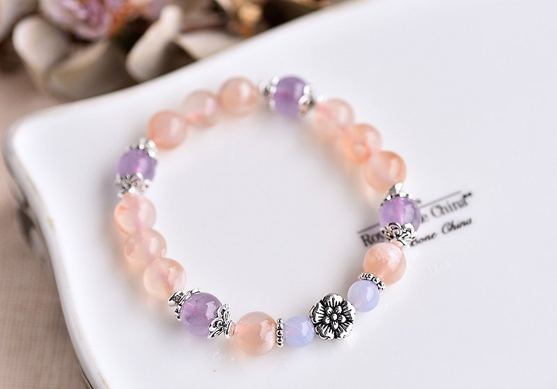 樱花玛瑙+紫水晶+蓝纹玛瑙纯银花朵手链 - 手链/手环 - 水晶 粉红色