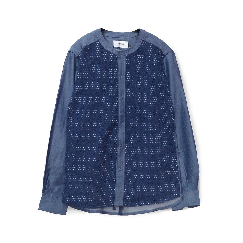 oqLiq - Root - 008 cross刺绣衬衫 (深蓝) - 男装上衣/T 恤 - 棉．麻 蓝色