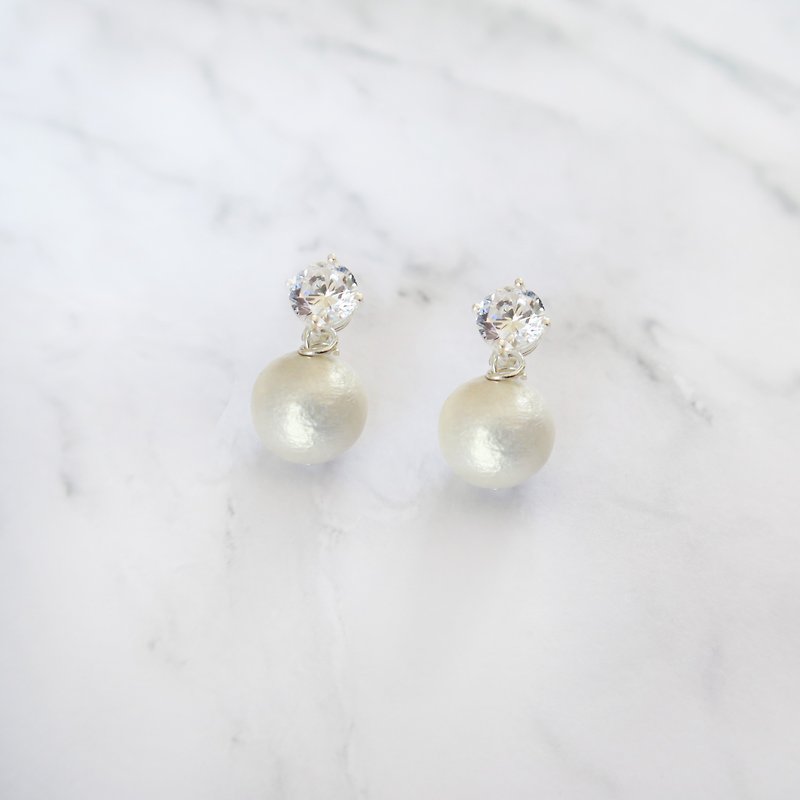 925纯银 锆石 日本棉珍珠 耳针 耳环 耳夹-一对 - 耳环/耳夹 - 纯银 白色