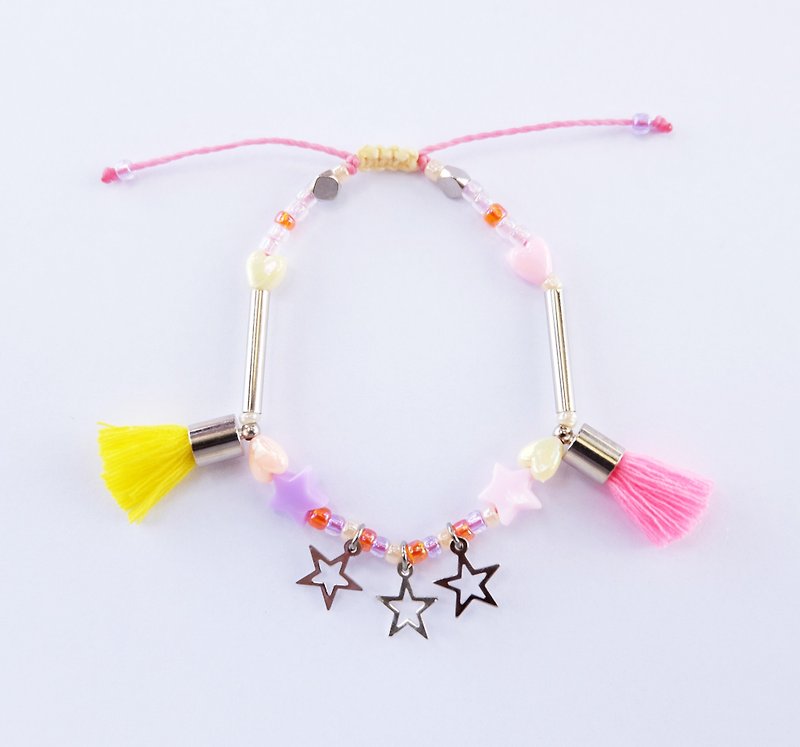 String bracelet with neon pink/yellow tassel and star - 手链/手环 - 其他材质 黄色