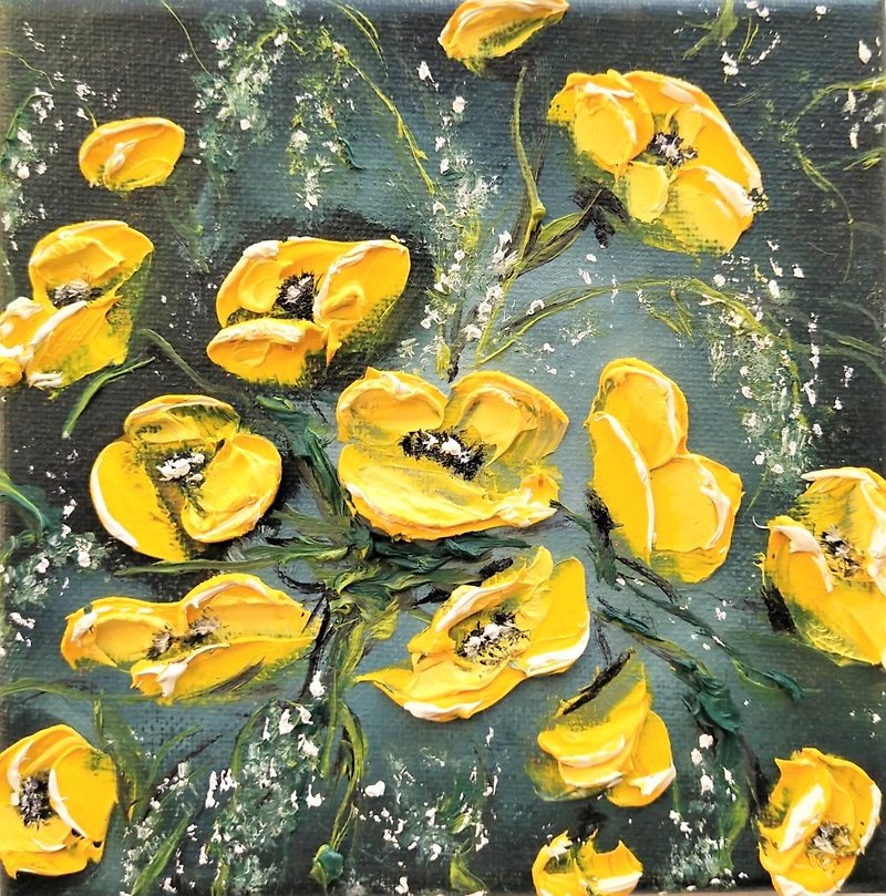 Yellow Poppy Artwork Floral Original Oil Painting on Canvas Small Art 手繪油畫, 用鮮花 - 墙贴/壁贴 - 棉．麻 多色
