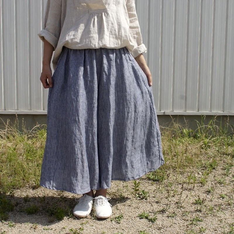 maxi size only:Linen 100% yarn dyed Gaucho pants (lined interior)　bluestripe  - 女装长裤 - 棉．麻 蓝色