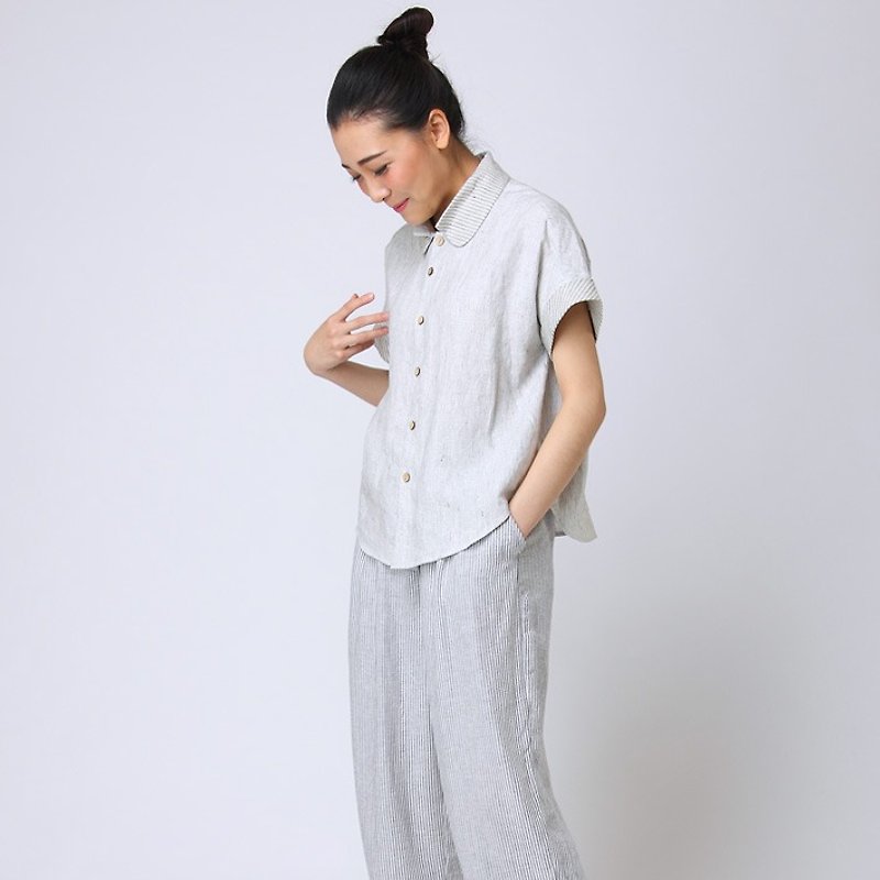 不服 双层领设计 复古亚麻条纹 宽松短袖衬衫 石灰白 SH160311 - 女装衬衫 - 棉．麻 银色