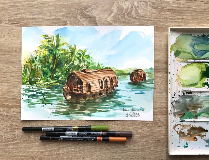 Indian painting Kerala backwaters watercolor original painting Boat India artwor - 墙贴/壁贴 - 纸 绿色