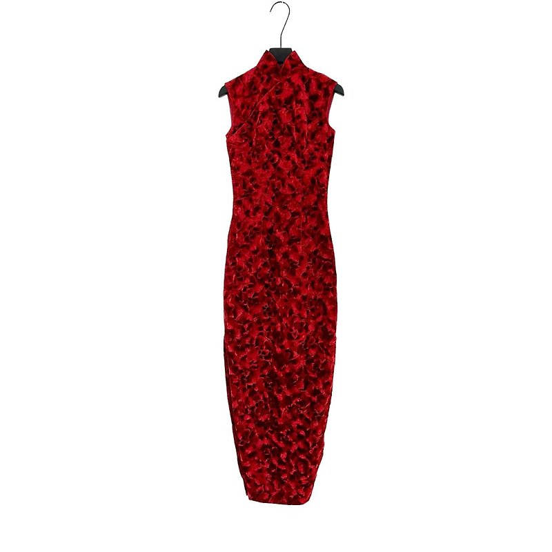 二手 古董订制 鲜红色 绒布 无袖 旗袍 OPF308 - 洋装/连衣裙 - 聚酯纤维 红色