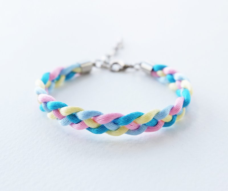 Blue / pink / light yellow braided mini bracelet - 手链/手环 - 其他材质 多色