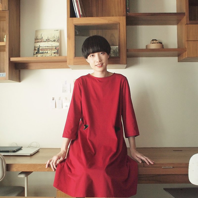 contrast pocket dress : red - 洋装/连衣裙 - 棉．麻 红色