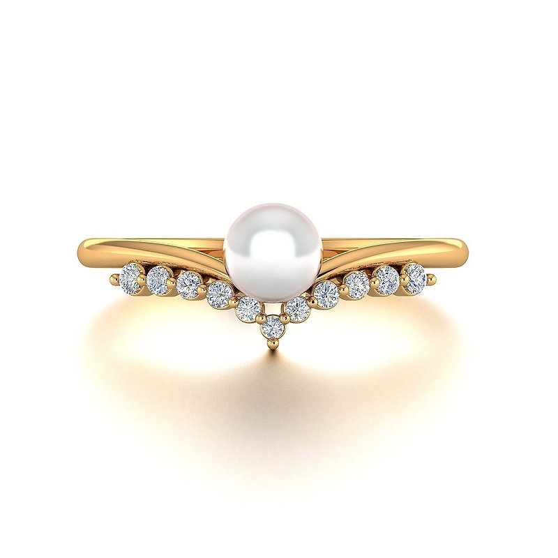 【轻珠宝】18K黄金Akoya日本珍珠皇冠钻戒 婚戒订制 R033 - 戒指 - 珍珠 白色