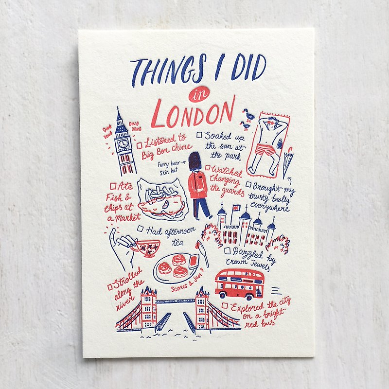 Things I Did in London Letterpress Postcard - 卡片/明信片 - 纸 