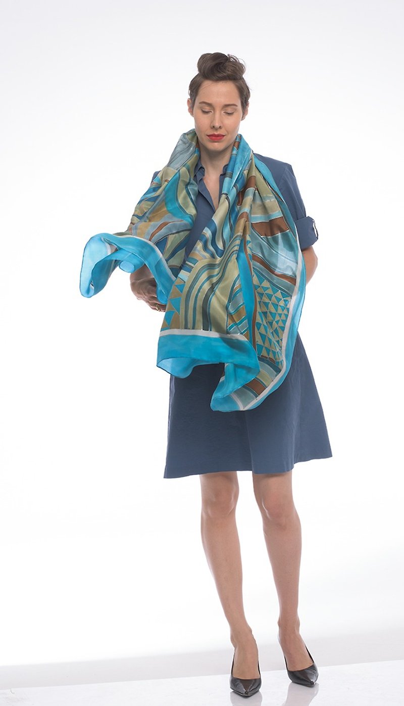 Silk shawl.Striped silk scarf hand painted. Designer Scarves/ Luxury shawl. Geometric Blue brown silk shawl - 丝巾 - 丝．绢 多色