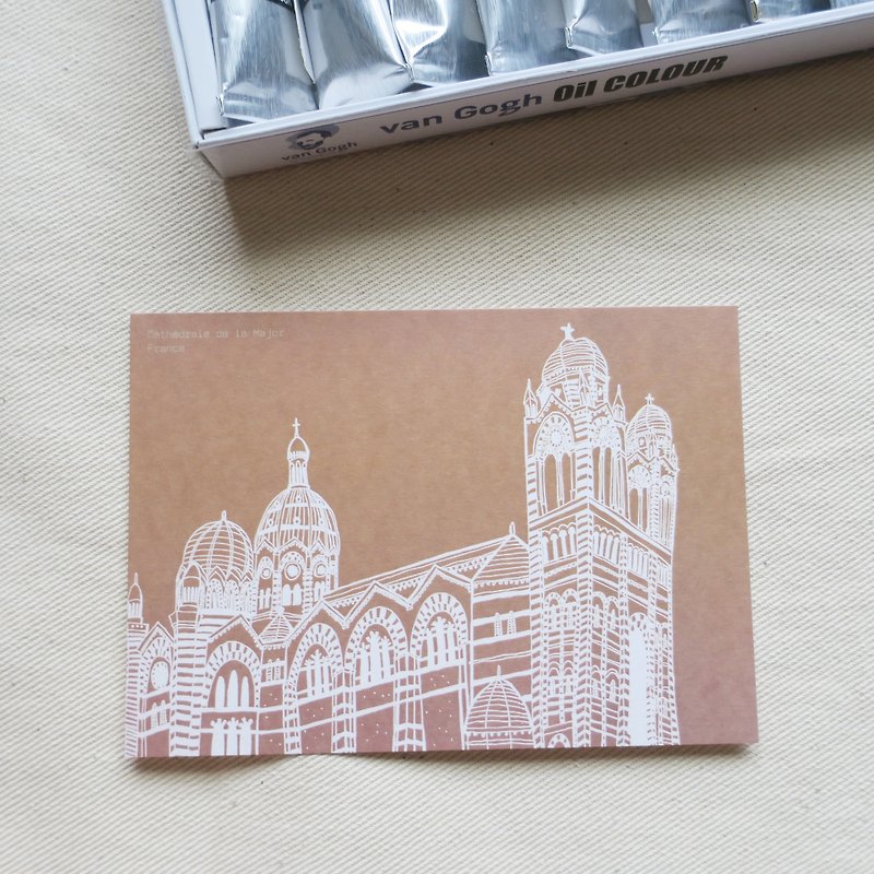 旅行风景法国-马赛教堂插画明信片 - 卡片/明信片 - 纸 咖啡色