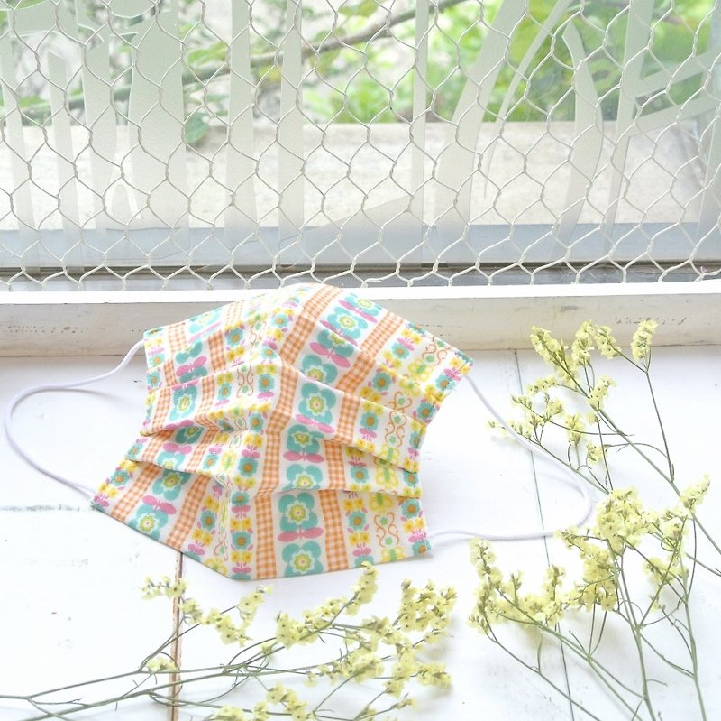 25%OFF | handmade mask Flower stripes Green Orange 刺繡緞帶 | Environmental products - 口罩 - 棉．麻 橘色