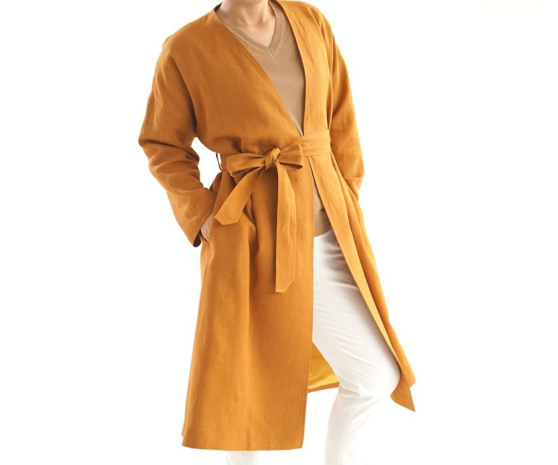 Warm linen × Masa linen drop shoulder gown coat lined / Murisier h022c-mje3 - 女装休闲/机能外套 - 棉．麻 橘色