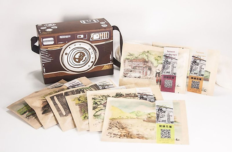 台湾风景明信片茶包礼盒  花莲八景旅行相机礼盒包装 - 卡片/明信片 - 防水材质 咖啡色