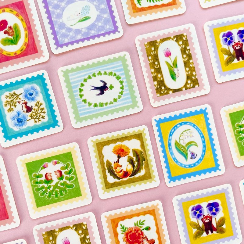切手のような春の草花フレークシール(ポストカード付き) - 贴纸 - 纸 多色