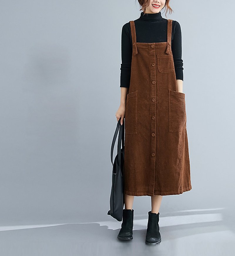 【森织海】灯心绒吊带背心裙(现货+预购) - 洋装/连衣裙 - 其他人造纤维 咖啡色