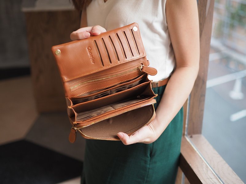 Mousse wallet (Brown-orange): Long wallet, cow leather wallet - 皮夹/钱包 - 真皮 咖啡色
