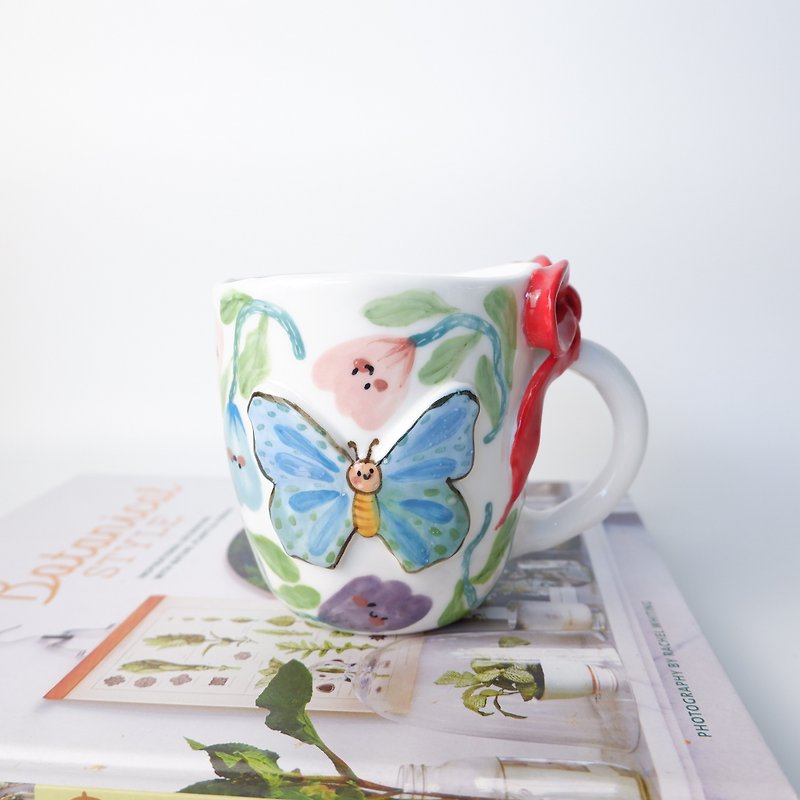 手工陶瓷杯|蝴蝶和郁金香|陶瓷手工 - 咖啡杯/马克杯 - 陶 多色
