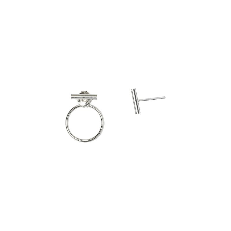 圆柱与圆圈耳环 纯银/镀k金(三种戴法) - 耳环/耳夹 - 其他金属 银色