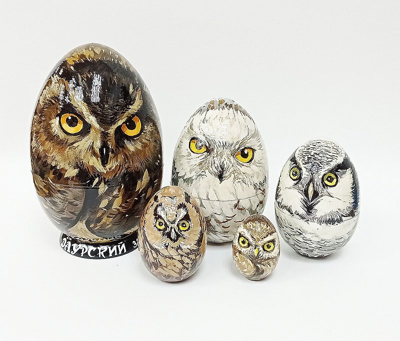 Big real owls, A Matryoshka of very realistic owls, matryoshka with animals - 摆饰 - 木头 咖啡色