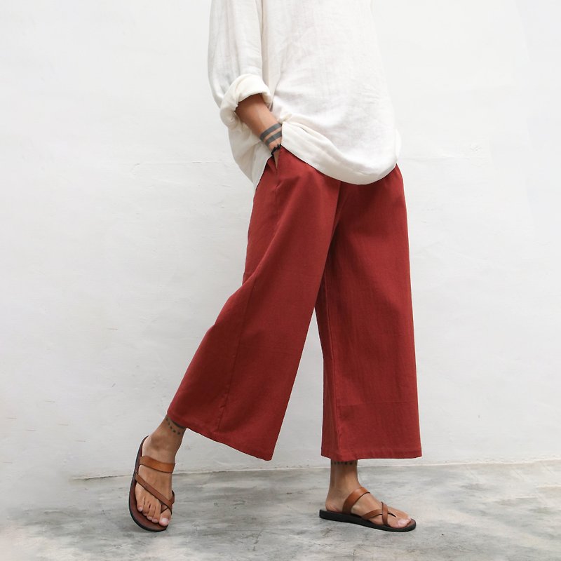 OMAKE 织纹口袋宽裤 砖红 - 女装长裤 - 棉．麻 红色