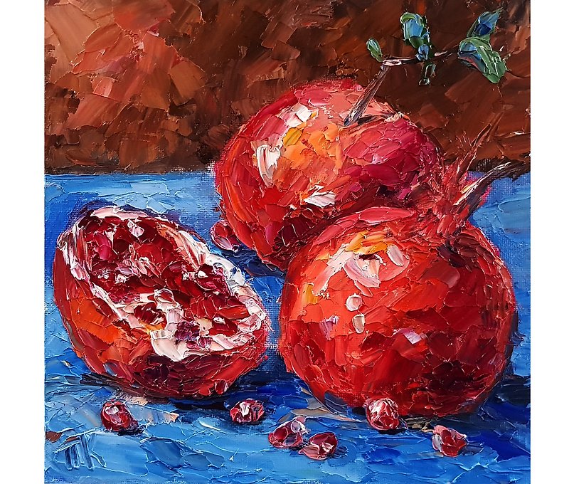 Pomegranate Oil Painting Fruit Original Art Still life Canvas Hanging picture - 海报/装饰画/版画 - 其他材质 红色