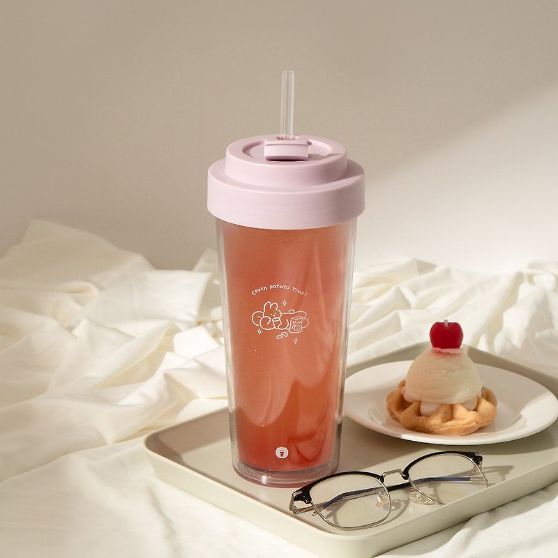 陪伴系列 Ecozen 透明双层随行杯 750ml - Lazy Bunny - 水壶/水瓶 - 塑料 粉红色