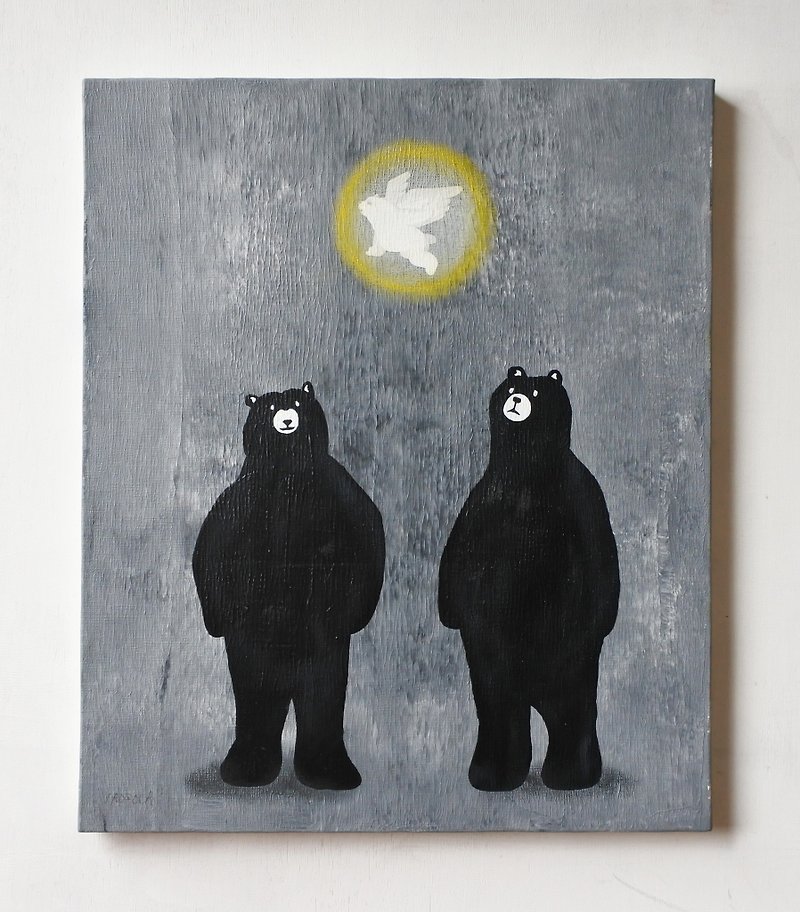 【IROSOCA】天使を見上げる熊　キャンバス絵画　F8サイズ原画 - 海报/装饰画/版画 - 其他材质 黑色