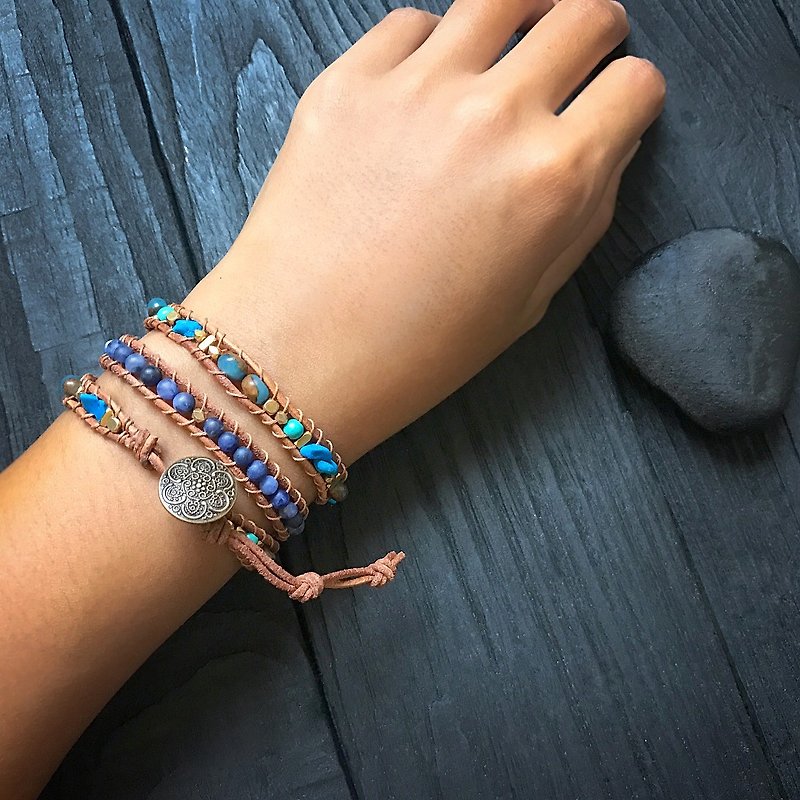 天然石编织手环-蓝色系/三圈 天然石 金沙石 - 手链/手环 - 半宝石 蓝色