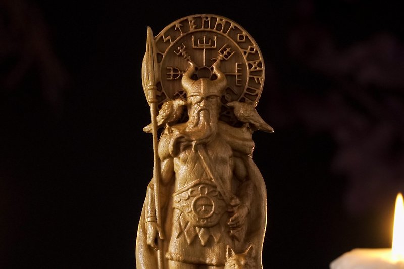 奥丁北欧神雕像，北欧神雕像，异教宗教，木雕 - 玩偶/公仔 - 木头 咖啡色