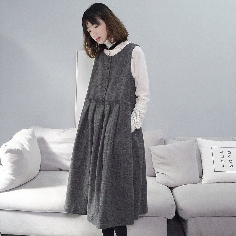 法式复古高腰洋装-灰色|洋装|羊毛呢|独立品牌|Sora-91 - 洋装/连衣裙 - 羊毛 