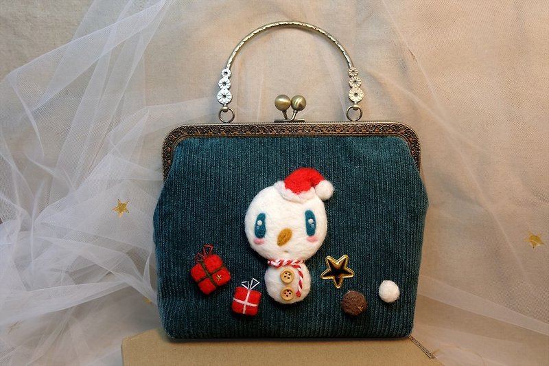 圣诞礼物 交换礼物【為你掛上小星星】萌炸小雪人手工口金包 - 手提包/手提袋 - 羊毛 多色