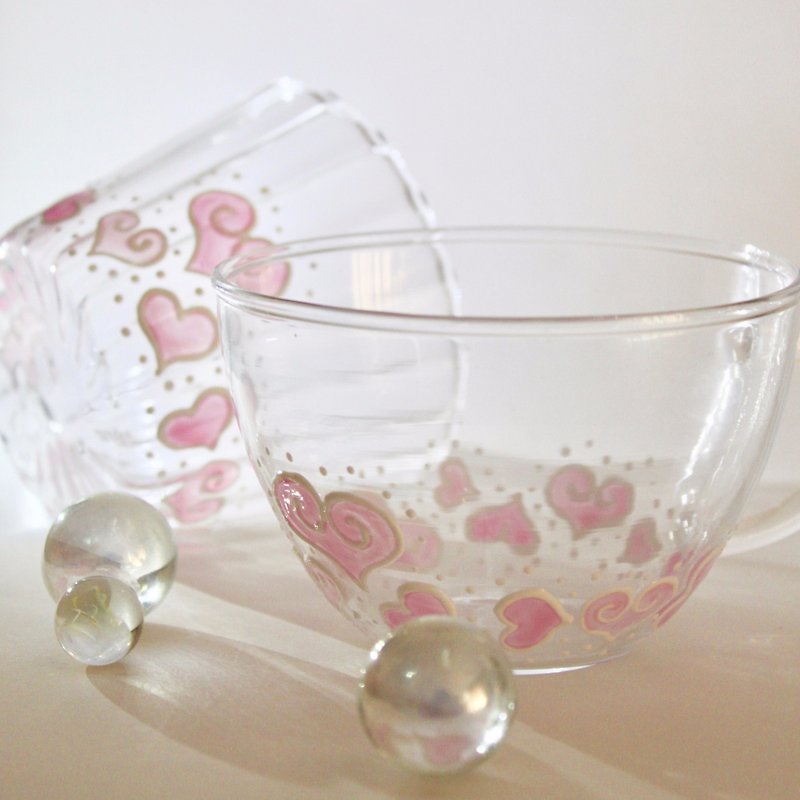 【限量版】可爱少女风樱花色粉红心形玻璃花茶杯对杯组 - 茶具/茶杯 - 玻璃 粉红色