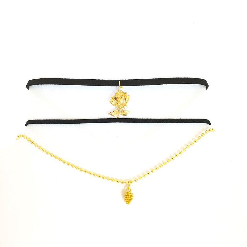 金色松果项链&金色玫瑰花颈链（一组） - 项链 - 真皮 金色