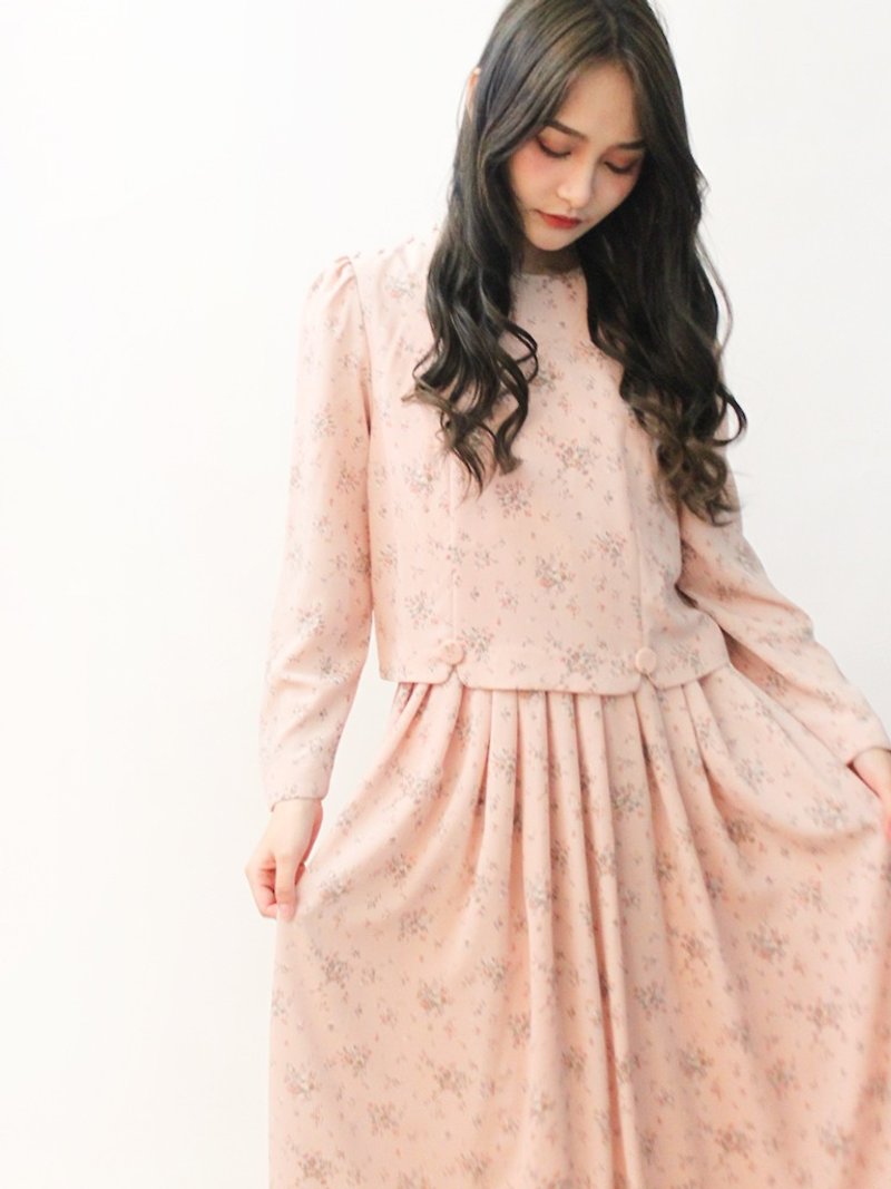 日本制复古粉色小花假两件长袖古着洋装 Japanese Vintage Dress - 洋装/连衣裙 - 聚酯纤维 粉红色