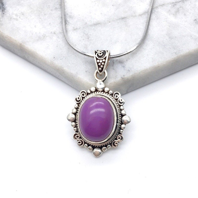 紫云母石925纯银异国风格项链 尼泊尔手工镶嵌制作 - 项链 - 宝石 紫色