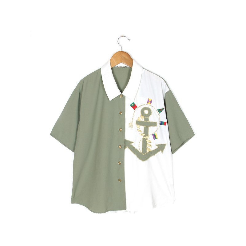 【蛋植物古着】拼色船锚刺绣短袖古着衬衫 - 女装衬衫 - 聚酯纤维 绿色