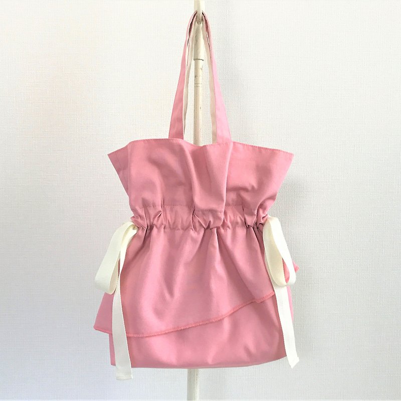 ラッフルエアリーフレア 持ち手付き巾着プチバッグ スモーキーピンク - 手提包/手提袋 - 棉．麻 粉红色