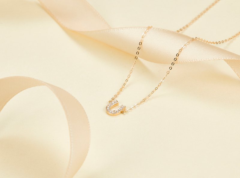 【轻珠宝】纯18K黄金U型马蹄钻石吊坠项链 定制化订制 P014 - 锁骨链 - 钻石 白色