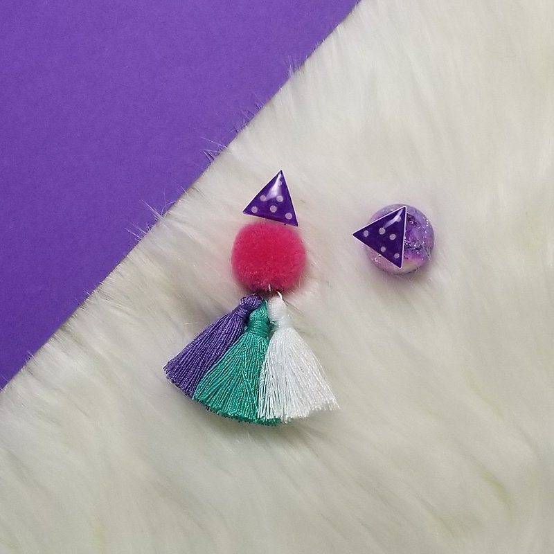 小三角形加流须 (紫色) - 耳环/耳夹 - 纯银 紫色