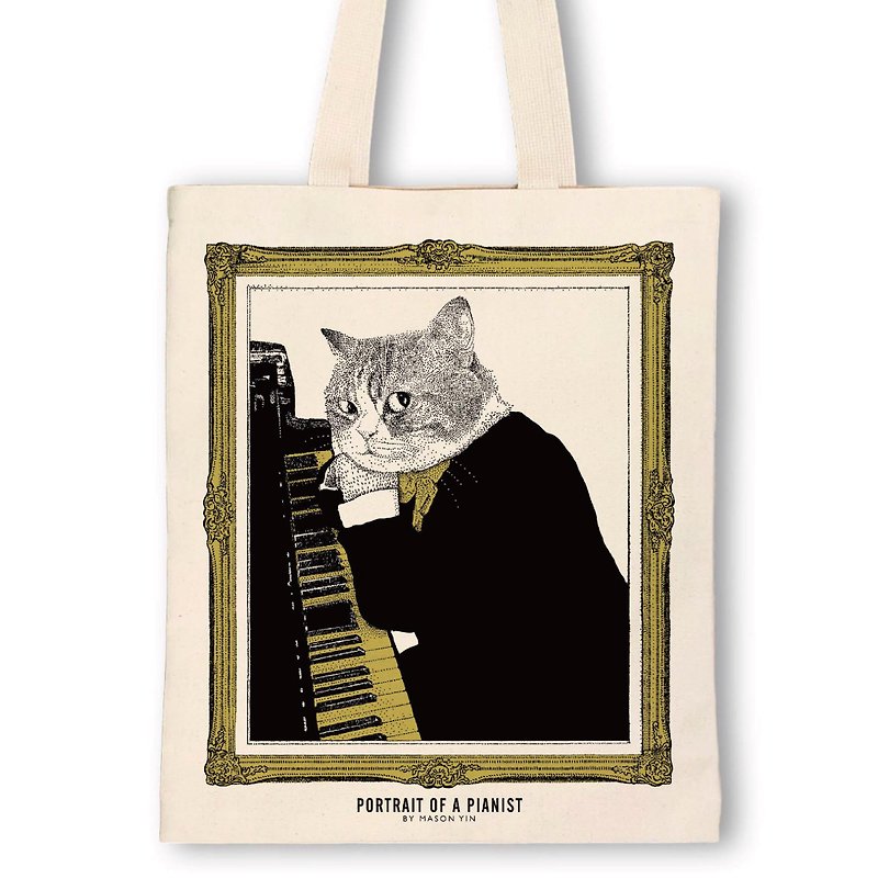 古典音乐猫帆布袋-直立式钢琴 | 音乐礼品 | 古典乐器 - 手提包/手提袋 - 棉．麻 卡其色