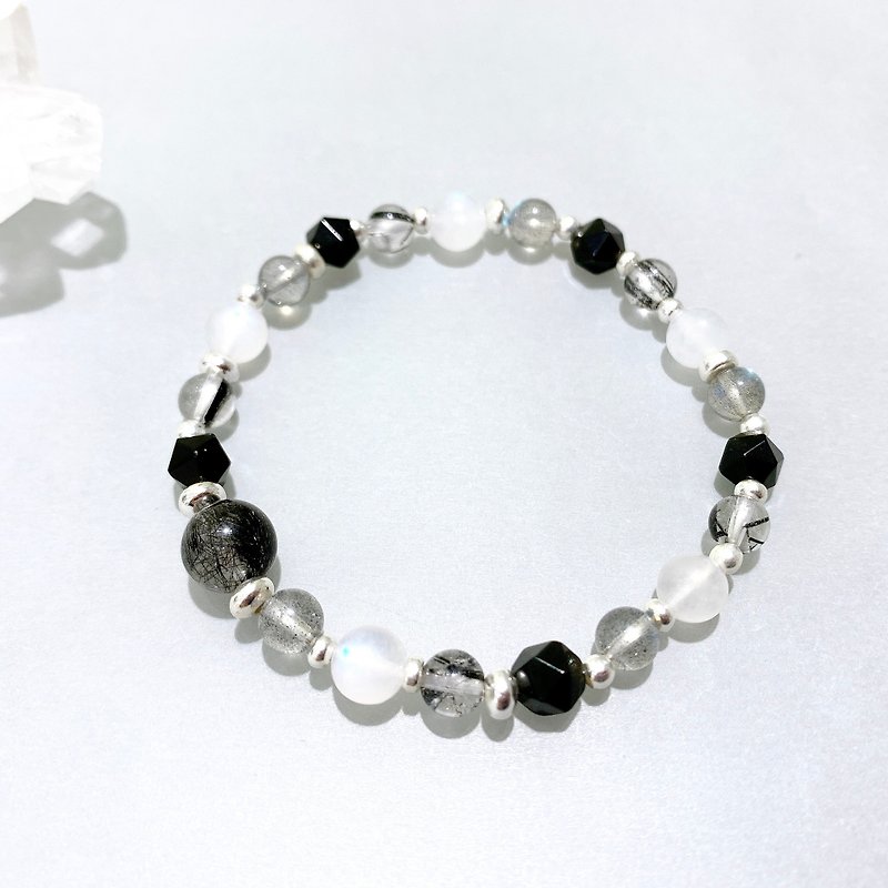 Ops black silver bracelet -黑髪晶/月光石/拉长石/黑曜石/纯银 - 手链/手环 - 其他金属 黑色