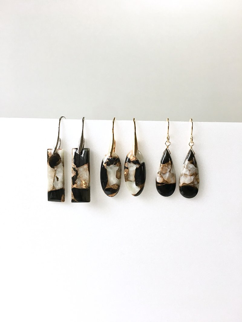 Copper Obsidian Brass Hook-earring, 14kgf - 耳环/耳夹 - 石头 黑色