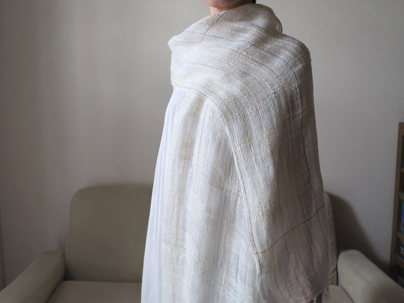 [Made to Order] Large Hand Woven Stole Linen Silk White Rainbow Wall Art Tapestry Gift Shawl (L) 37th Anniversary