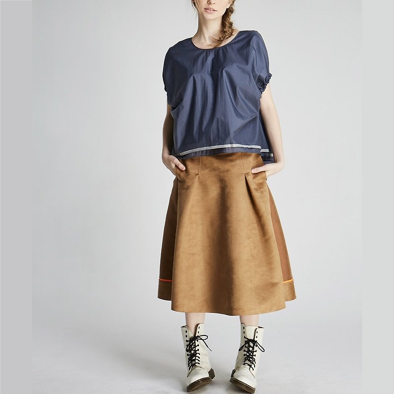麂皮拼接圆裙(1702SK01BR-S/M) - 裙子 - 棉．麻 咖啡色